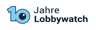 Variante des Lobbywatch-Logos zum 10-jährigen Jubiläum. Die Zahl 0 in 10 ist dabei das Lobbywatch-Auge.